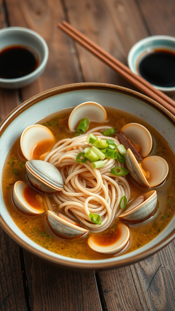 A bowl of clam kalguksu with noodles and clams, garnished with scallions on a wooden table.